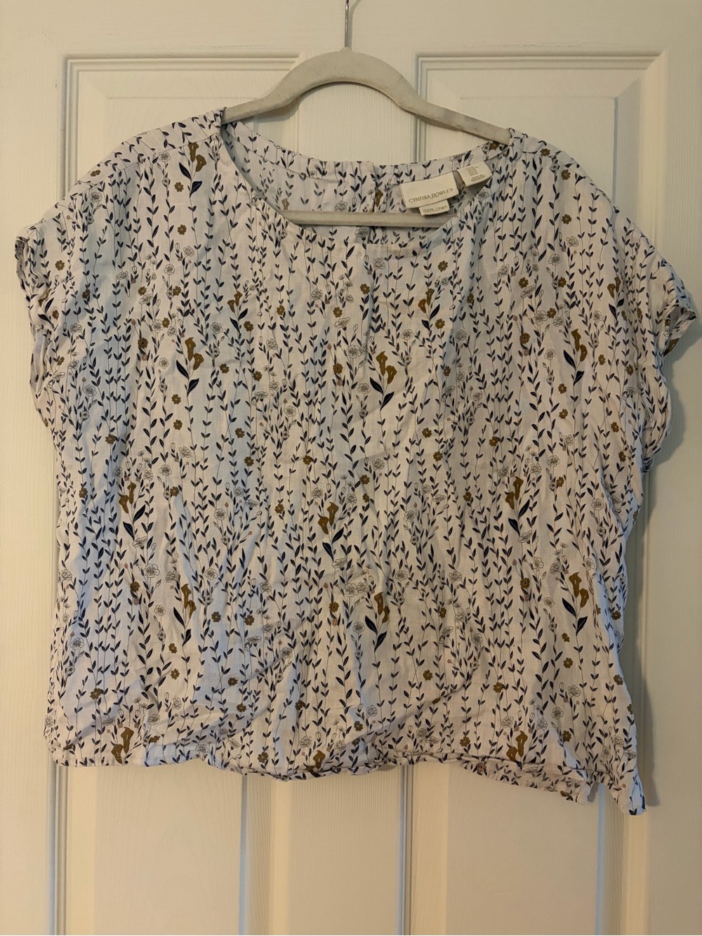 Cynthia Rowley White Short Sleeve Floral 100% Linen Top